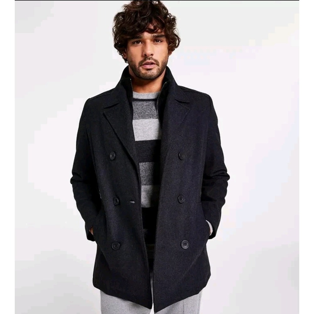 KENNETH COLE Men's Wool Blend Double Breasted Peacoat Black Lined  Nautical Sz M
